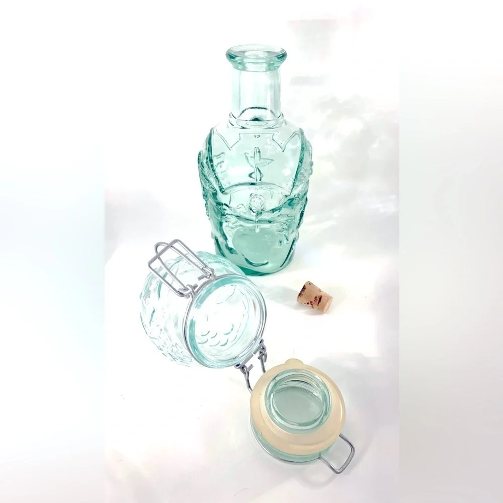 Green Glass Decanter w/ Cork and Canister w/ Bail Fruit Embossed Canada Mod Dep